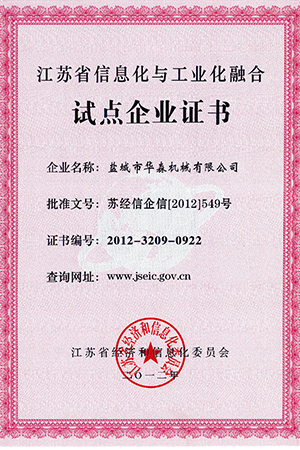 江苏省信息化与工业化融合试点证书